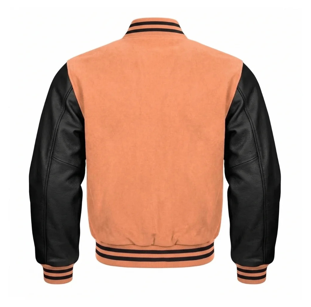 Peach and Black Varsity Jacket with Wool Body and Leather Sleeves Back View