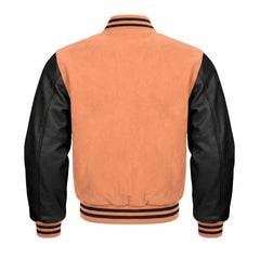 Peach and Black Varsity Jacket with Wool Body and Leather Sleeves Back View