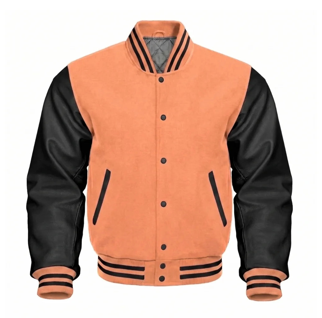 Peach and Black Varsity Jacket with Wool Body and Leather Sleeves