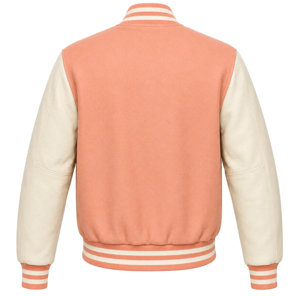 Peach wool varsity jacket with cream leather sleeves, back view