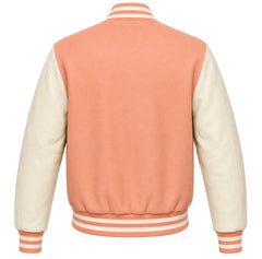 Peach wool varsity jacket with cream leather sleeves, back view