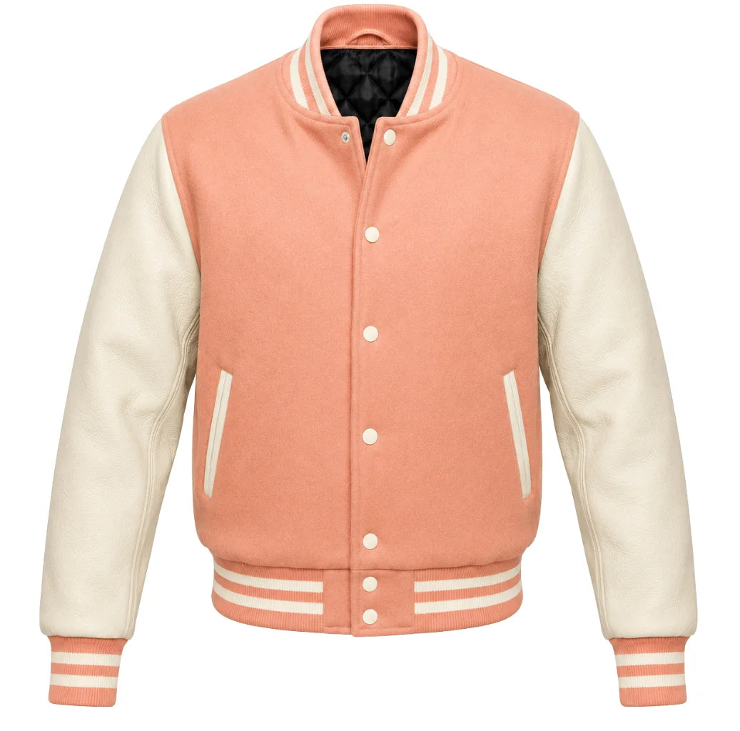 Peach melton wool varsity jacket with cream cowhide sleeves, front view