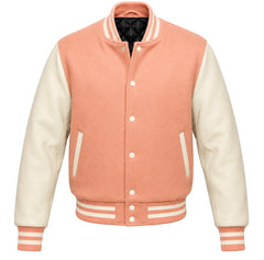 Peach melton wool varsity jacket with cream cowhide sleeves, front view