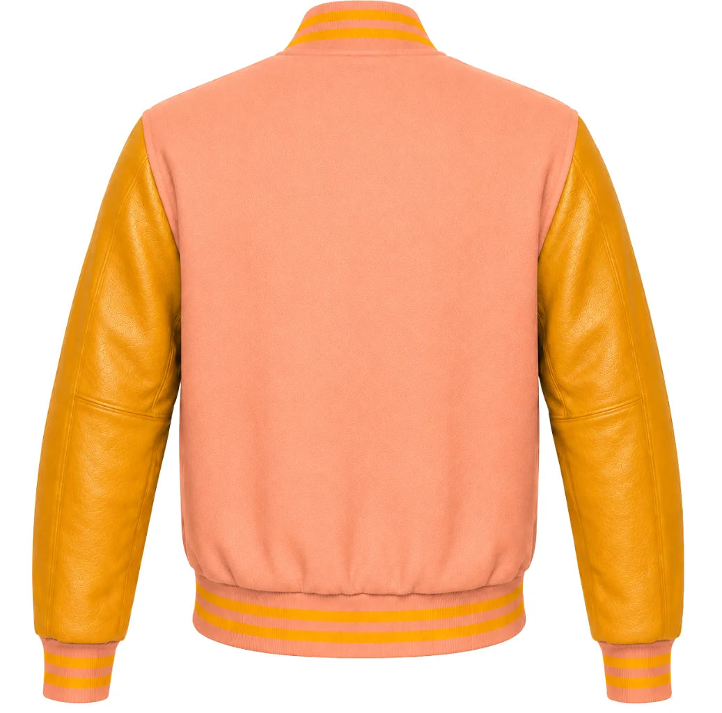 Peach wool varsity jacket with gold cowhide leather sleeves, back view