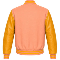 Peach wool varsity jacket with gold cowhide leather sleeves, back view