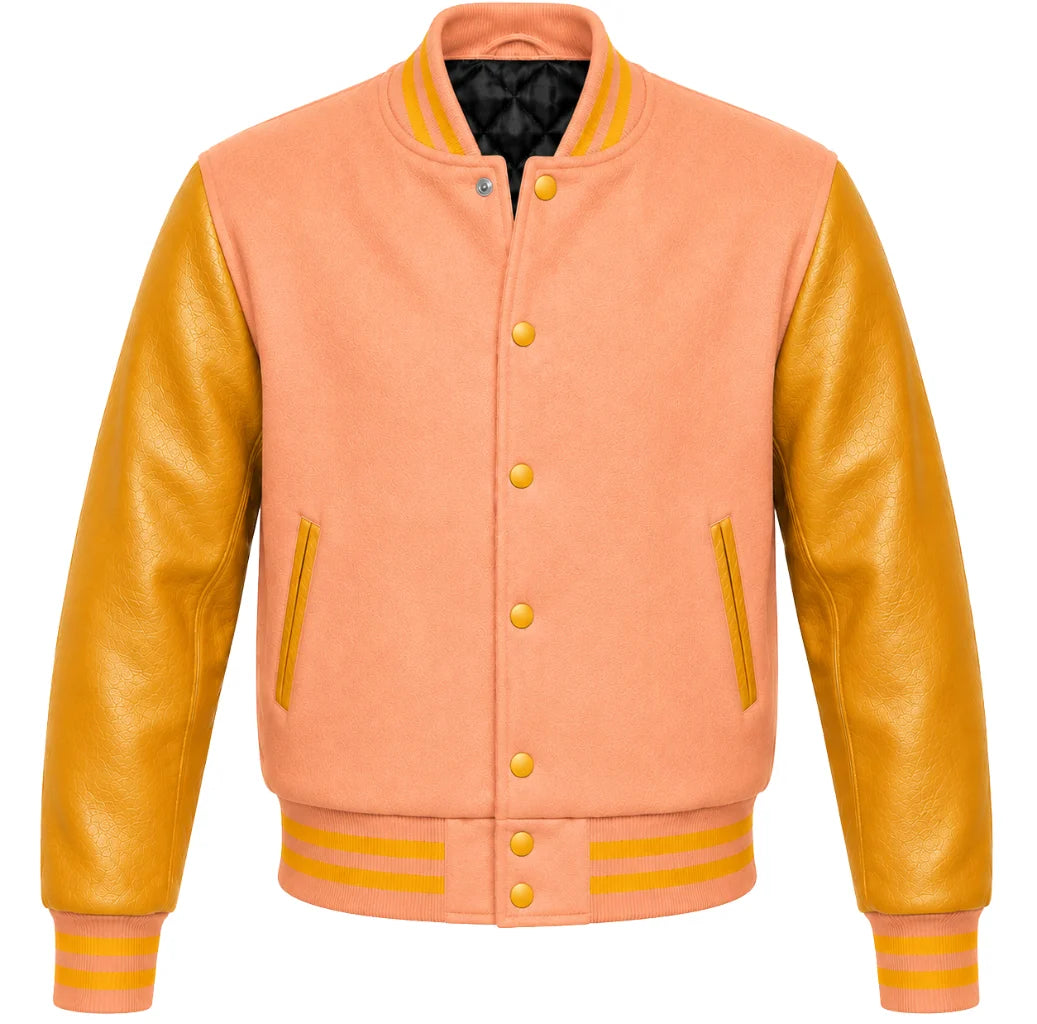 Peach melton wool varsity jacket with gold leather sleeves, front view