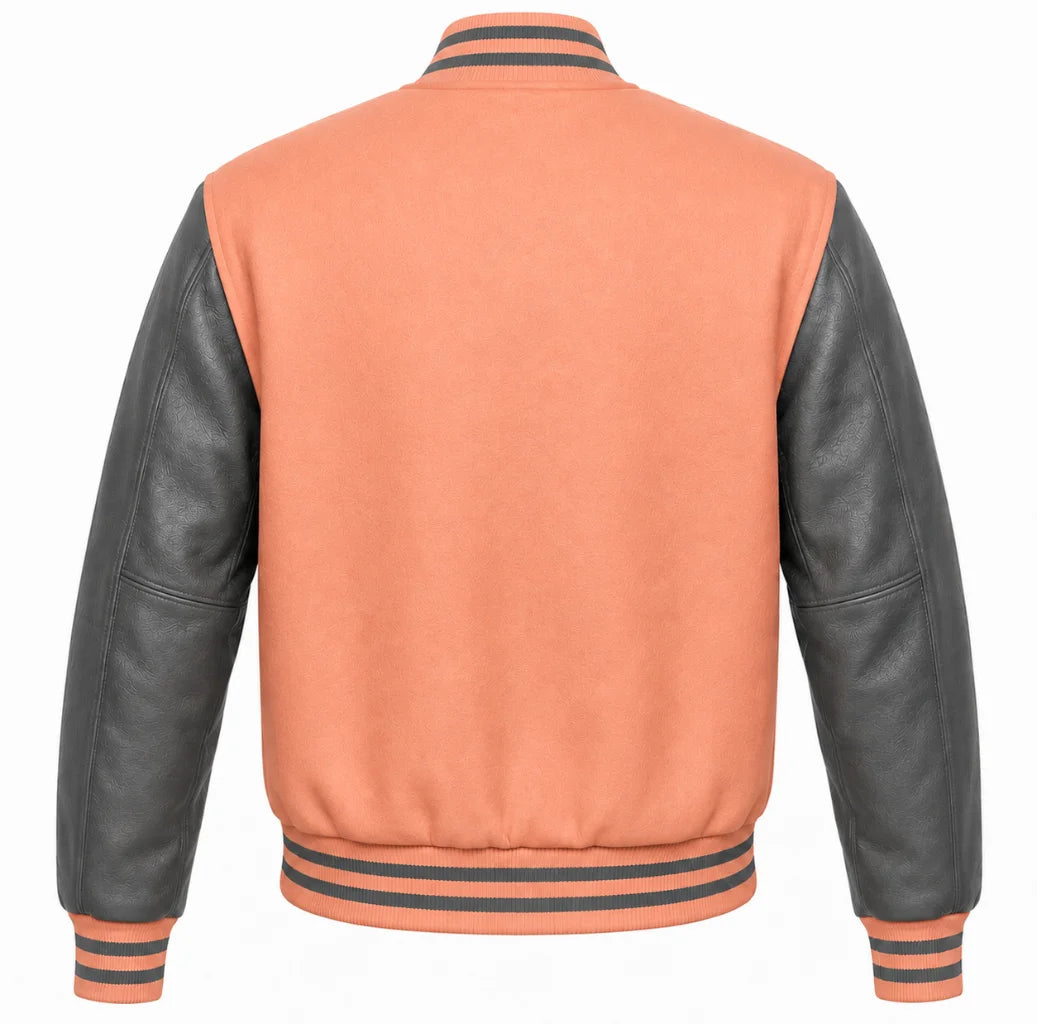 Peach wool varsity jacket with grey cowhide sleeves, back view