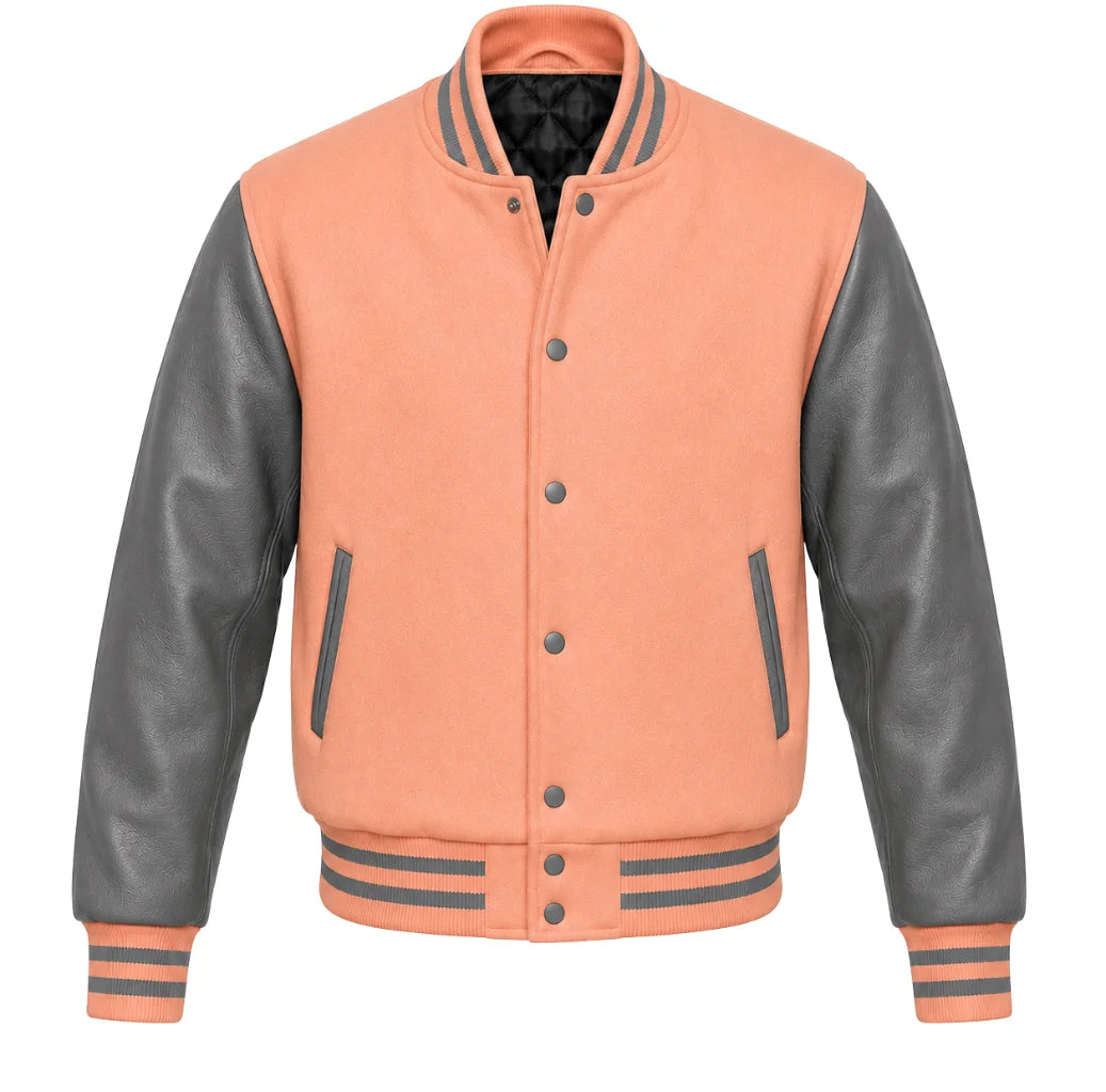 Peach melton wool varsity jacket with grey leather sleeves, front view