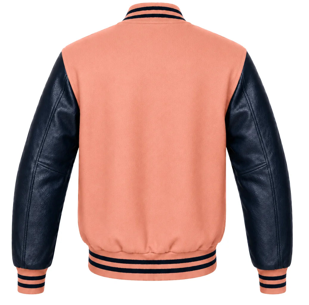 Peach wool varsity jacket, navy blue cowhide sleeves, back view