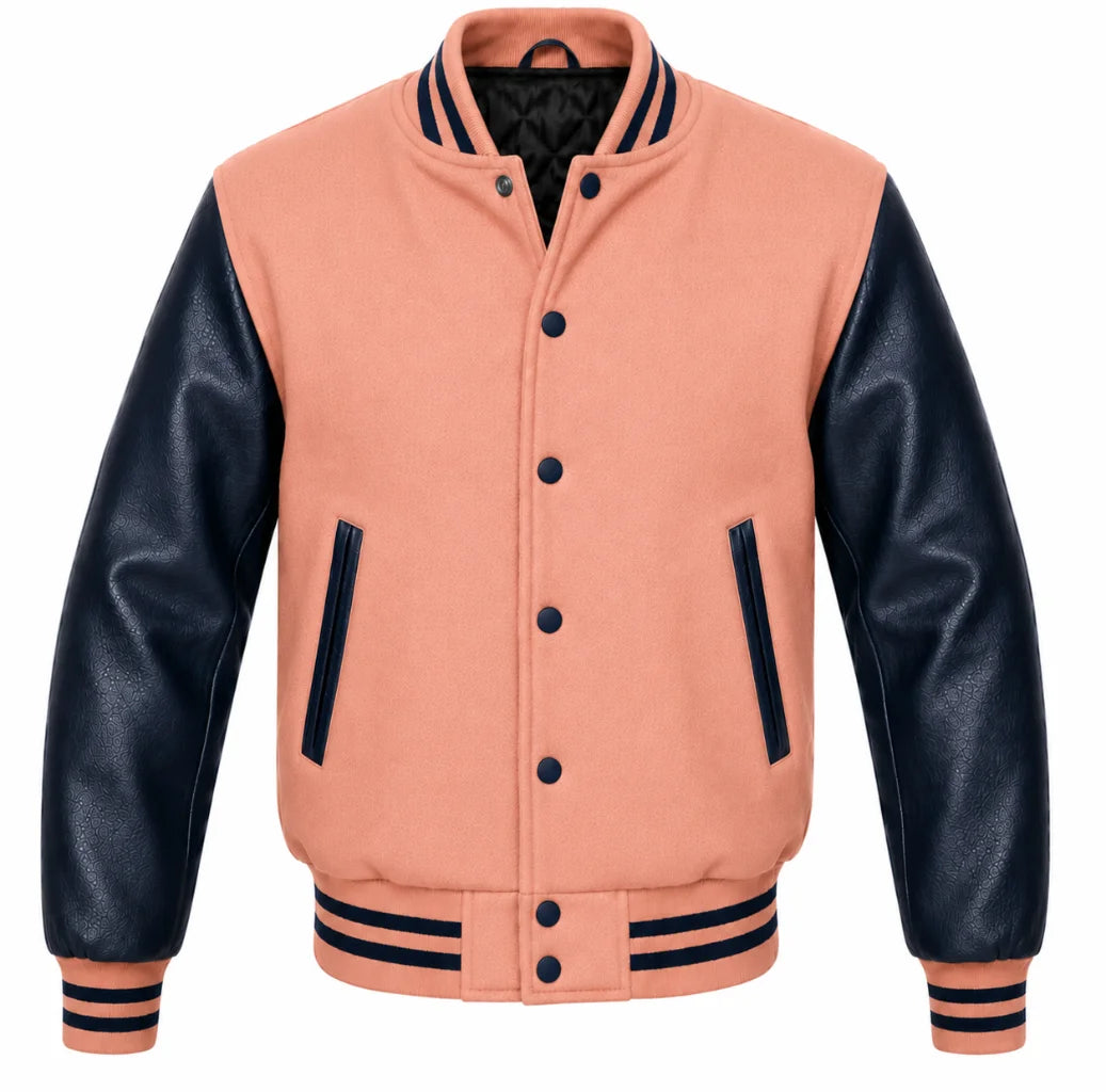Peach melton wool varsity jacket with navy blue leather sleeves, front view