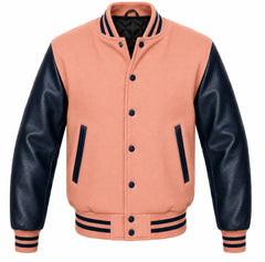Peach melton wool varsity jacket with navy blue leather sleeves, front view