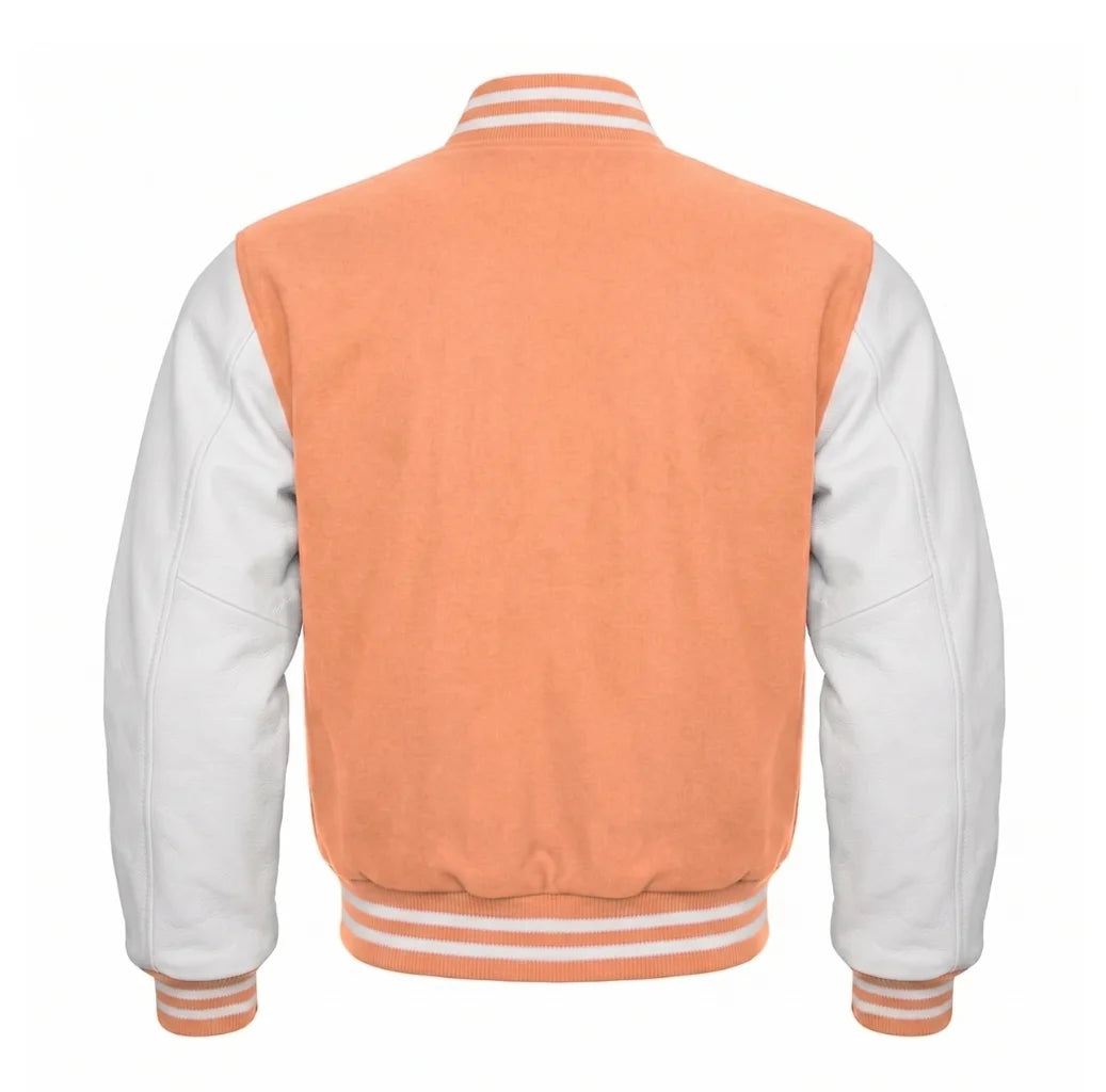 Peach and White Varsity Jacket with Wool Body and Leather Sleeves Back View
