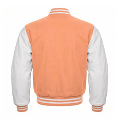 Peach and White Varsity Jacket with Wool Body and Leather Sleeves Back View