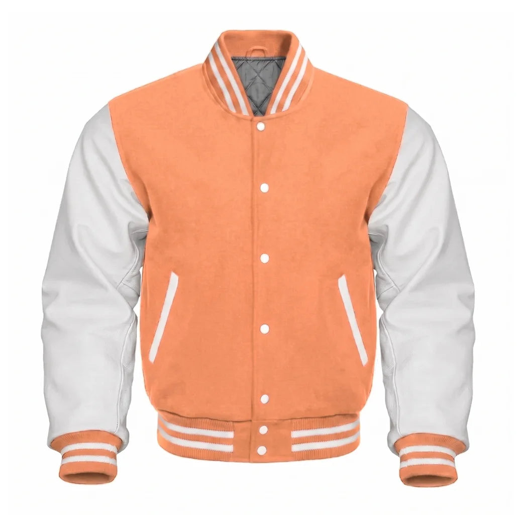 Peach and White Varsity Jacket with Wool Body and Leather Sleeves