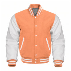 Peach and White Varsity Jacket with Wool Body and Leather Sleeves