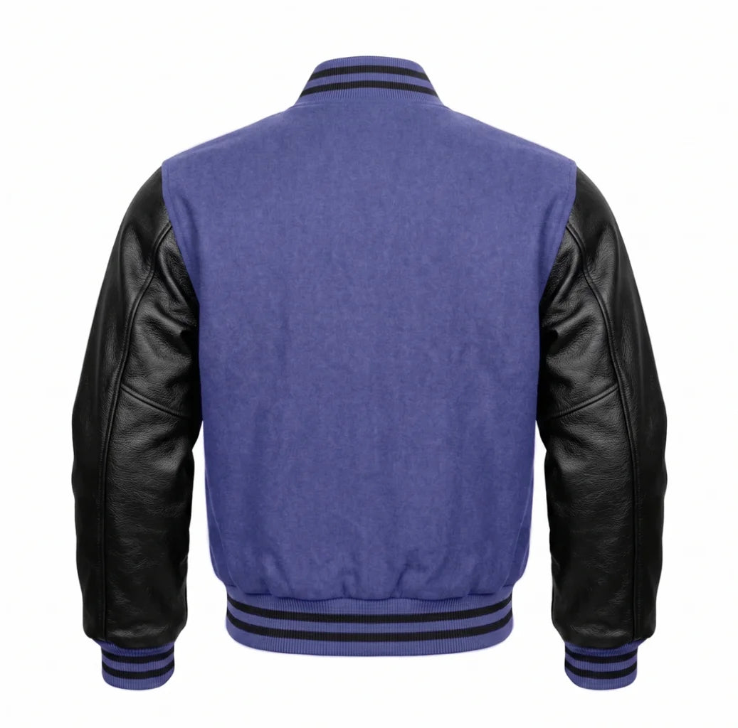 Periwinkle and Black Varsity Jacket with Wool Body and Leather Sleeves Back View