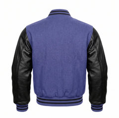 Periwinkle and Black Varsity Jacket with Wool Body and Leather Sleeves Back View
