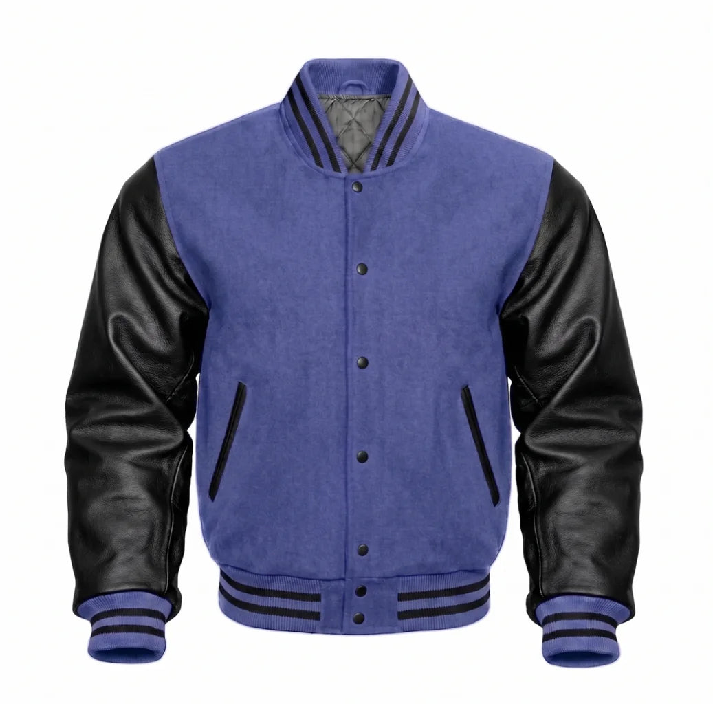 Periwinkle and Black Varsity Jacket with Wool Body and Leather Sleeves
