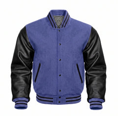 Periwinkle and Black Varsity Jacket with Wool Body and Leather Sleeves