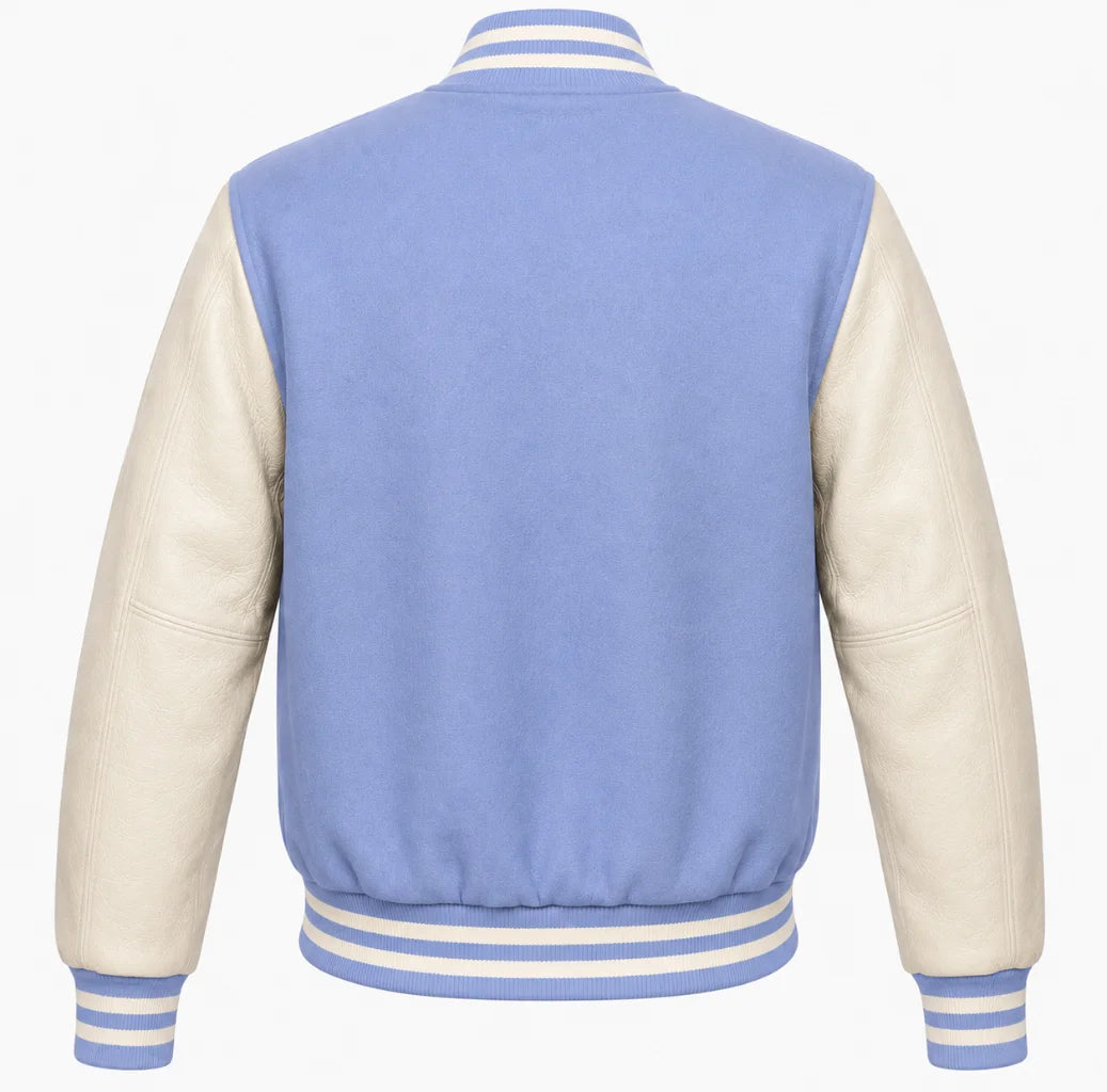Periwinkle wool letterman jacket with cream cowhide sleeves, back view