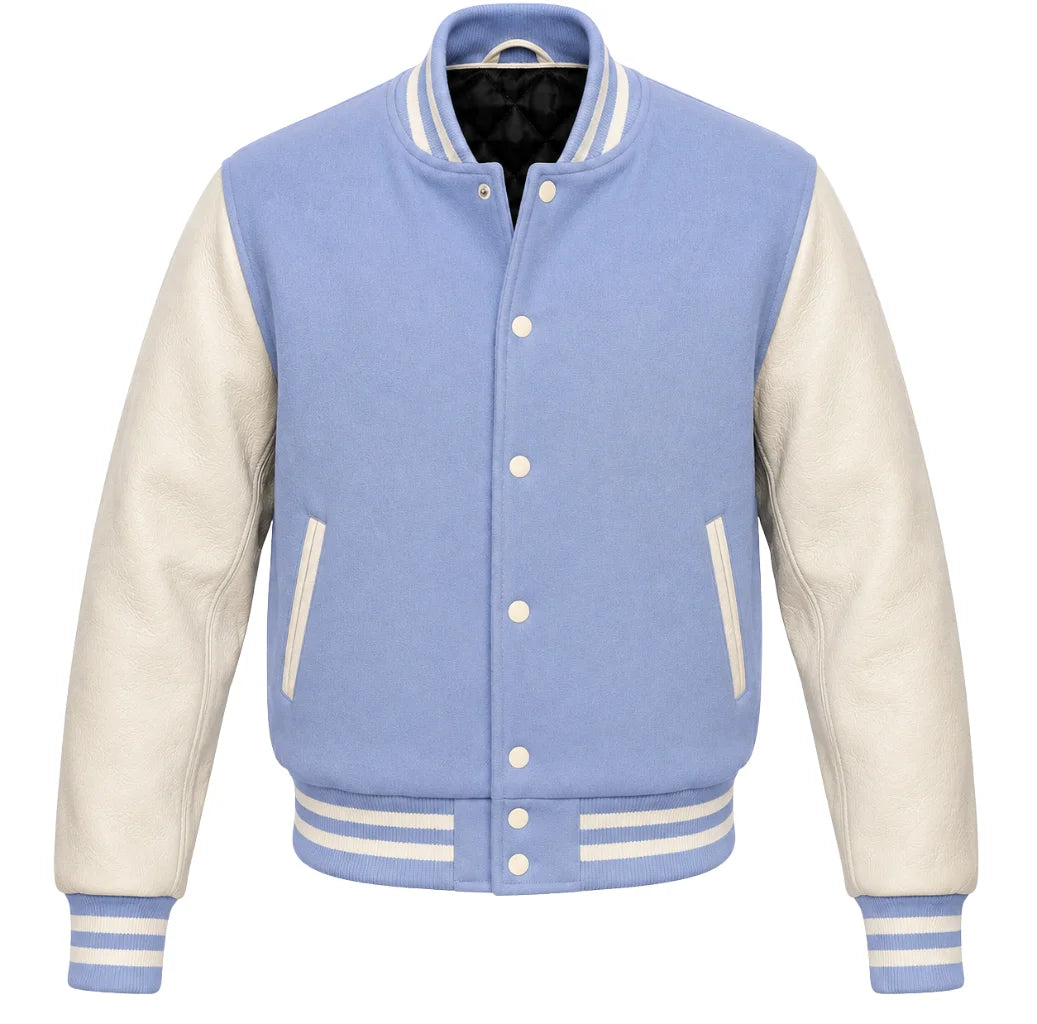 Periwinkle melton wool letterman jacket with cream leather sleeves, front view