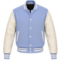 Periwinkle melton wool letterman jacket with cream leather sleeves, front view