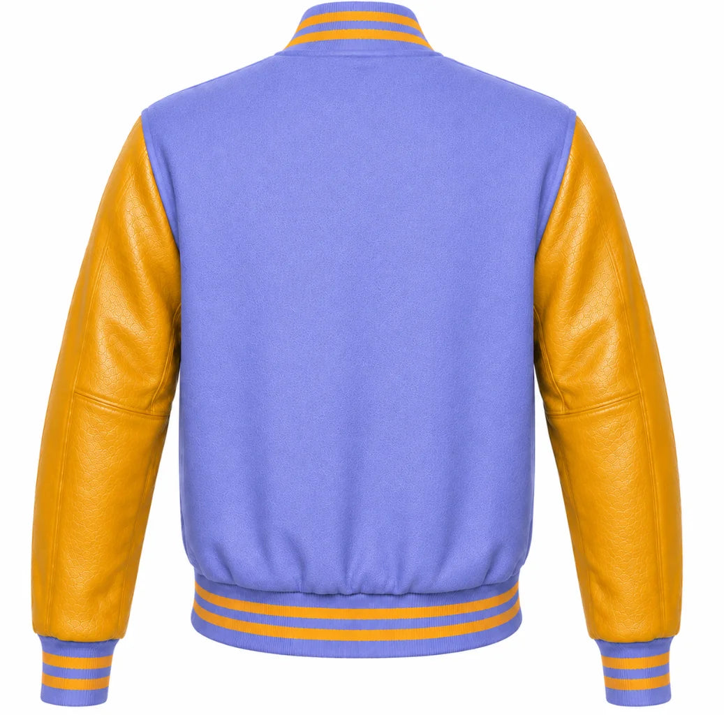 Periwinkle wool varsity jacket with gold leather sleeves, back view