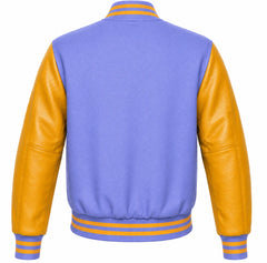 Periwinkle wool varsity jacket with gold leather sleeves, back view