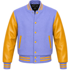 Periwinkle melton wool varsity jacket with gold cowhide sleeves, front view
