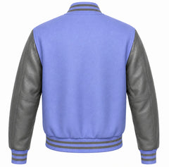Periwinkle wool varsity jacket with grey leather sleeves, back view