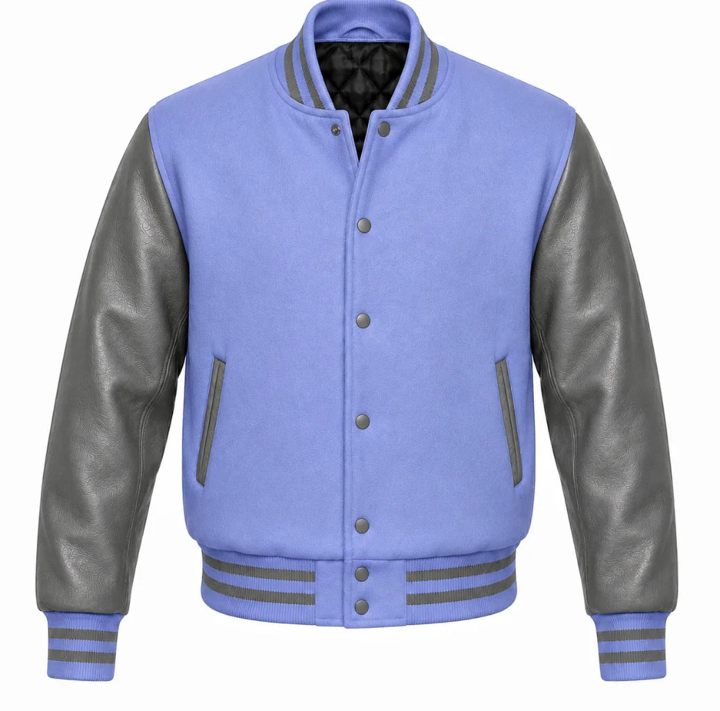 Periwinkle melton wool varsity jacket with grey cowhide sleeves, front view