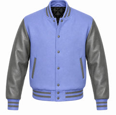 Periwinkle melton wool varsity jacket with grey cowhide sleeves, front view