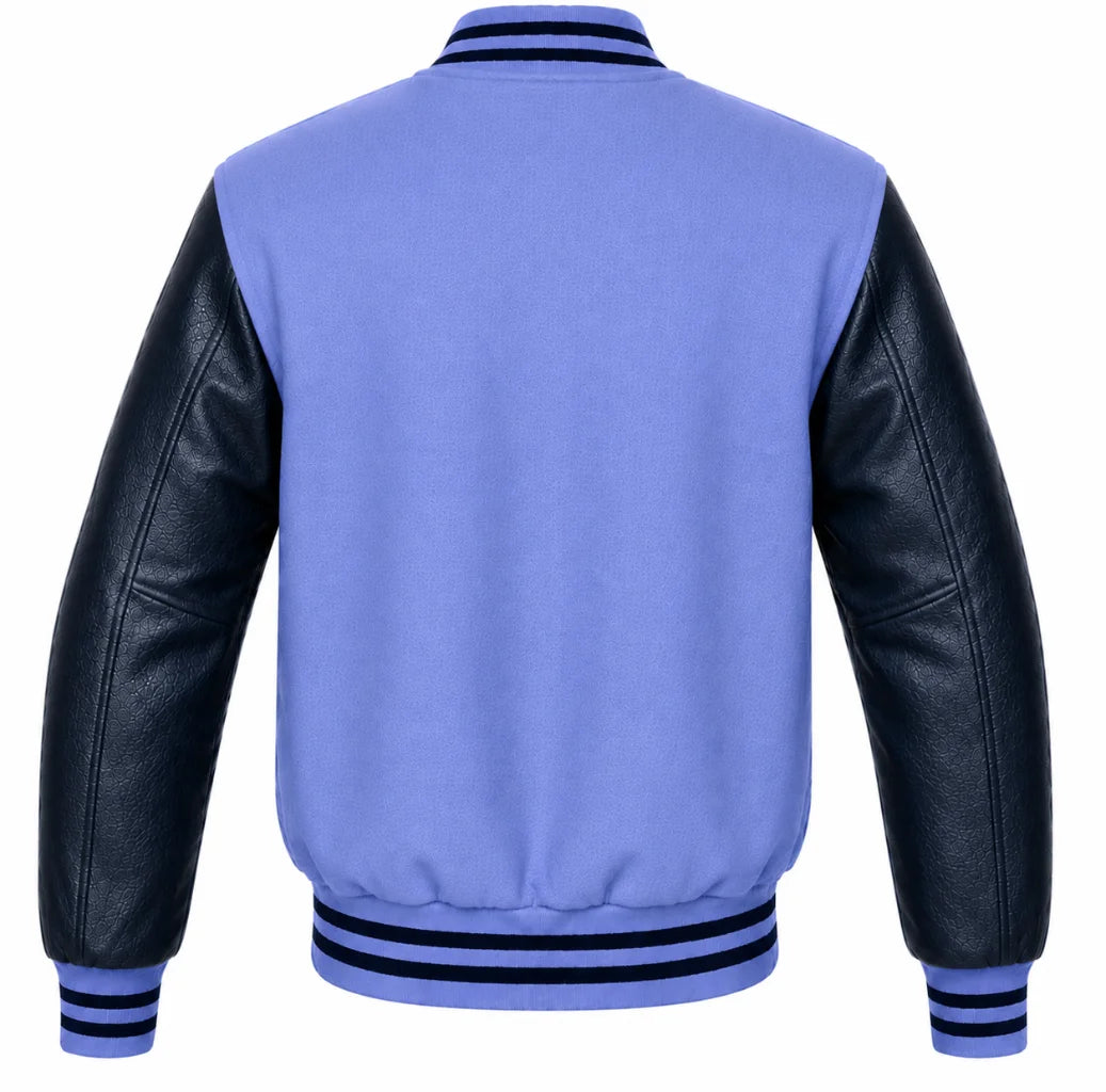 Periwinkle wool varsity jacket with navy blue leather sleeves, back view