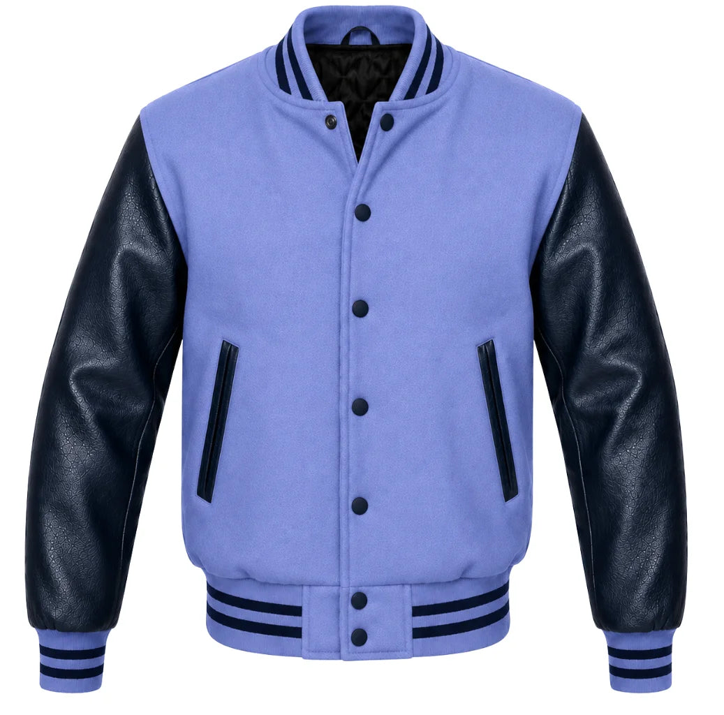 Periwinkle melton wool varsity jacket with navy blue cowhide sleeves, front view