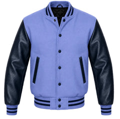 Periwinkle melton wool varsity jacket with navy blue cowhide sleeves, front view