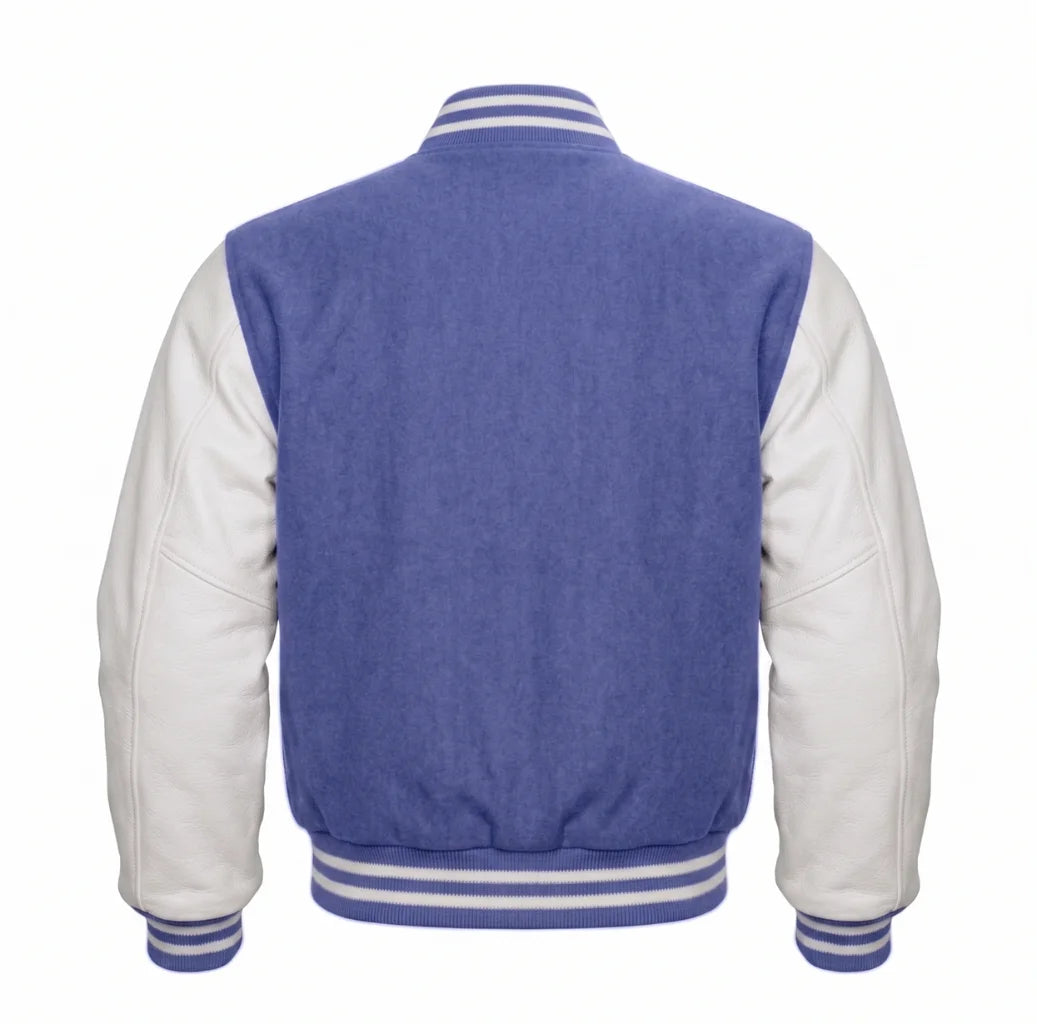 Periwinkle and White Varsity Jacket with Wool Body and Leather Sleeves Back Side