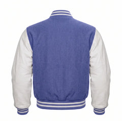Periwinkle and White Varsity Jacket with Wool Body and Leather Sleeves Back Side