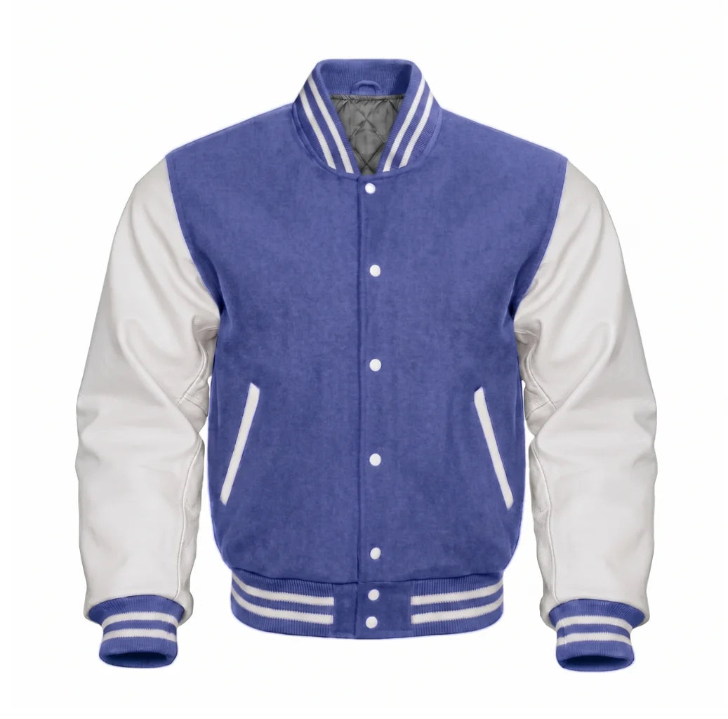 Periwinkle and White Varsity Jacket with Wool Body and Leather Sleeves