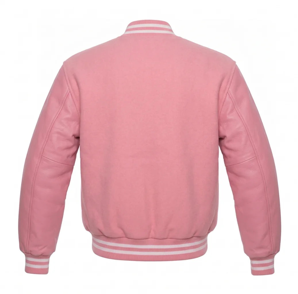 Pink Varsity Jacket with Wool Body and Leather Sleeves Back View