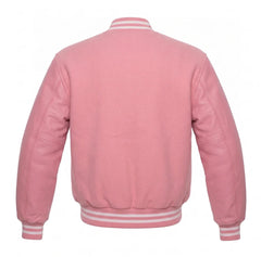 Pink Varsity Jacket with Wool Body and Leather Sleeves Back View