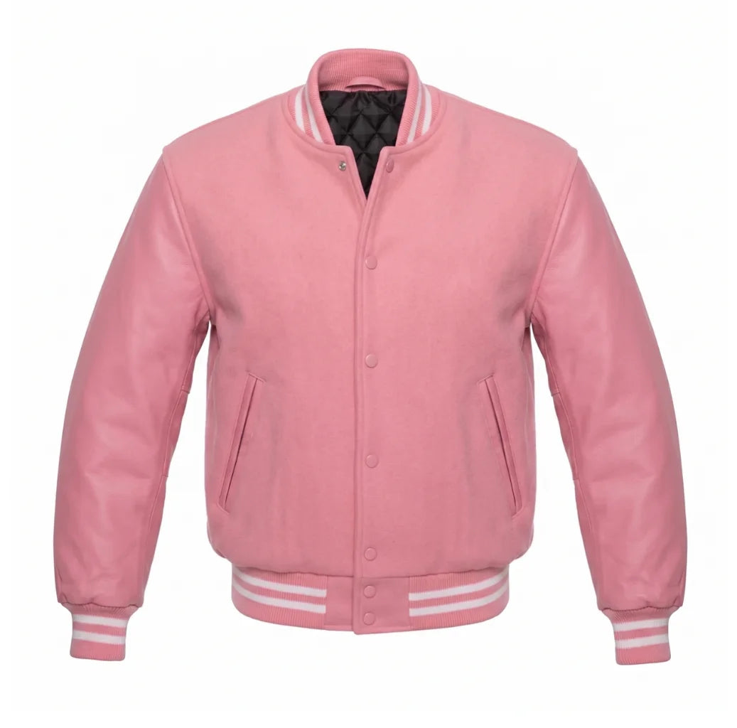 Pink Varsity Jacket with Wool Body and Leather Sleeves