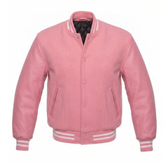 Pink Varsity Jacket with Wool Body and Leather Sleeves