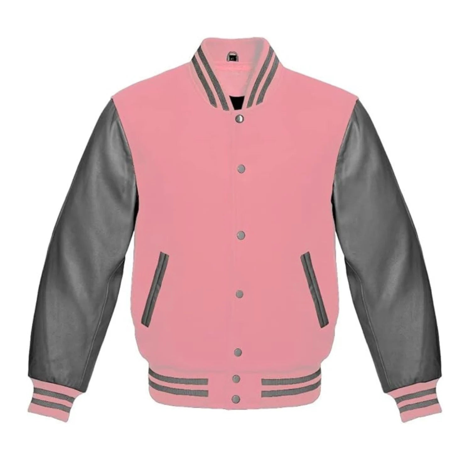 Pink Wool and Grey Leather Varsity Jacket