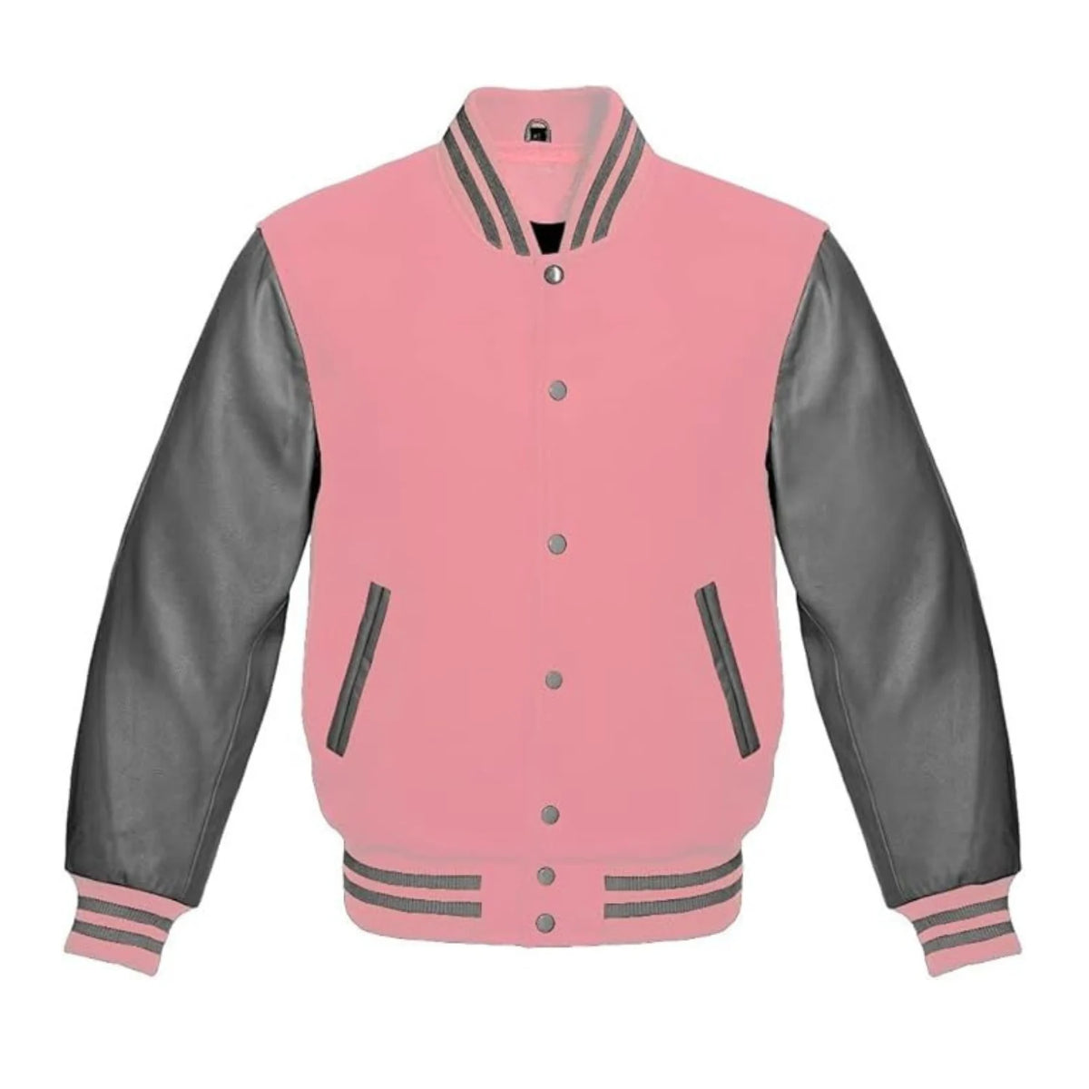 Pink Wool and Grey Leather Varsity Jacket