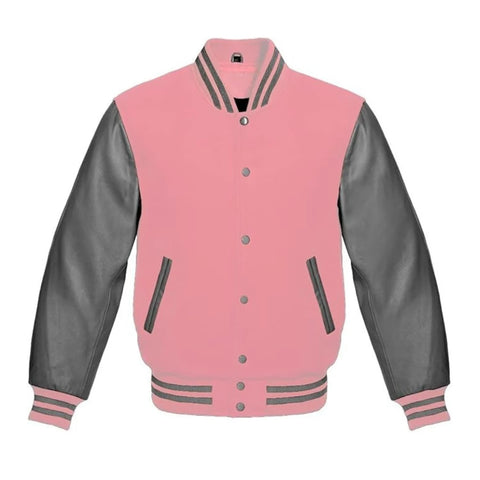 Pink Wool and Grey Leather Varsity Jacket