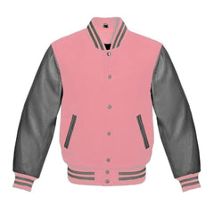 Pink and Grey Varsity Jacket with Wool Body and Leather Sleeves