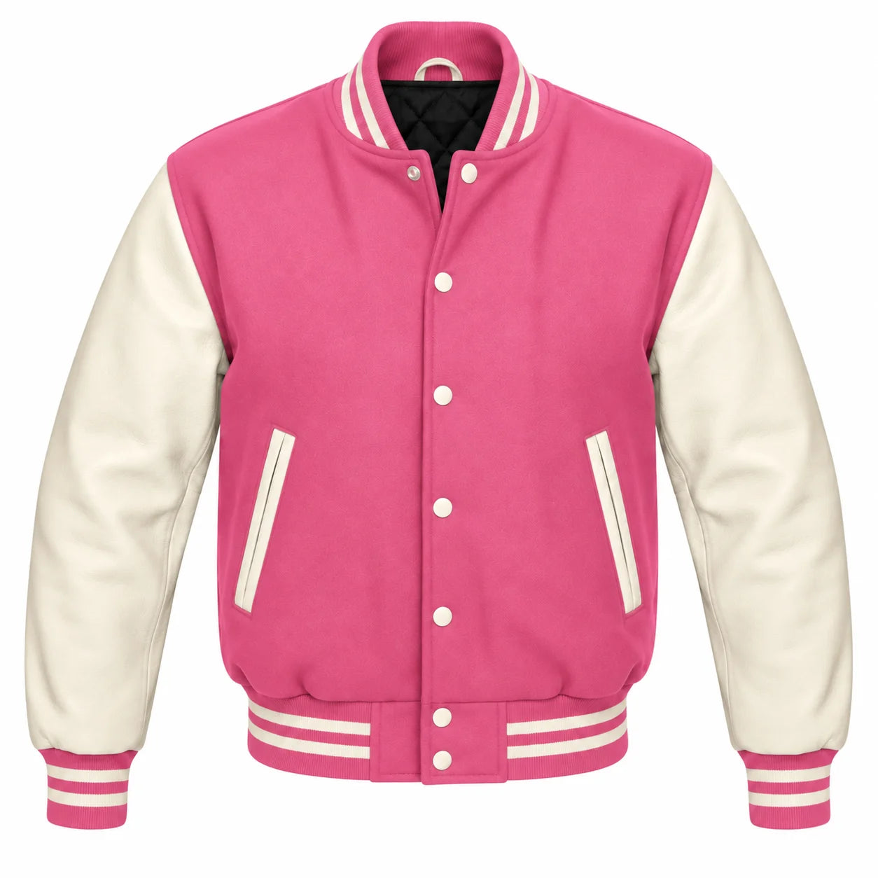 Pink and Cream Varsity Jacket with Wool Body and Leather Sleeves