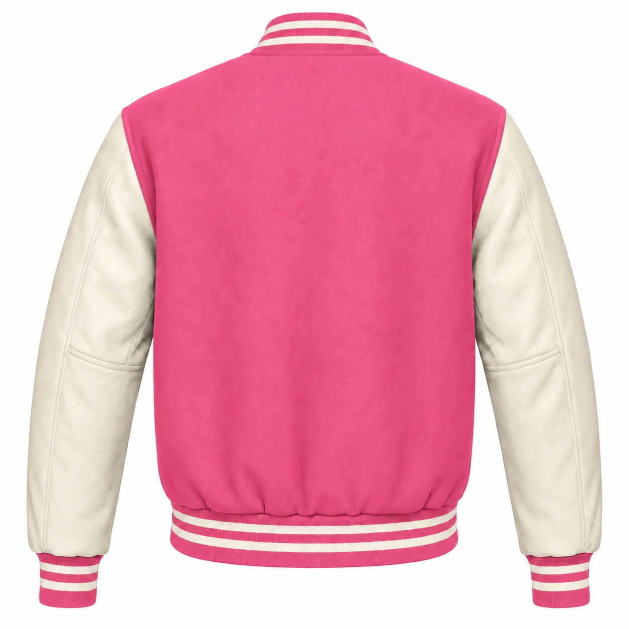 Pink and Cream Varsity Jacket with Wool Body and Leather Sleeves Back View