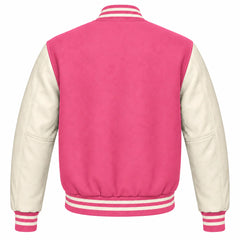 Pink and Cream Varsity Jacket with Wool Body and Leather Sleeves Back View