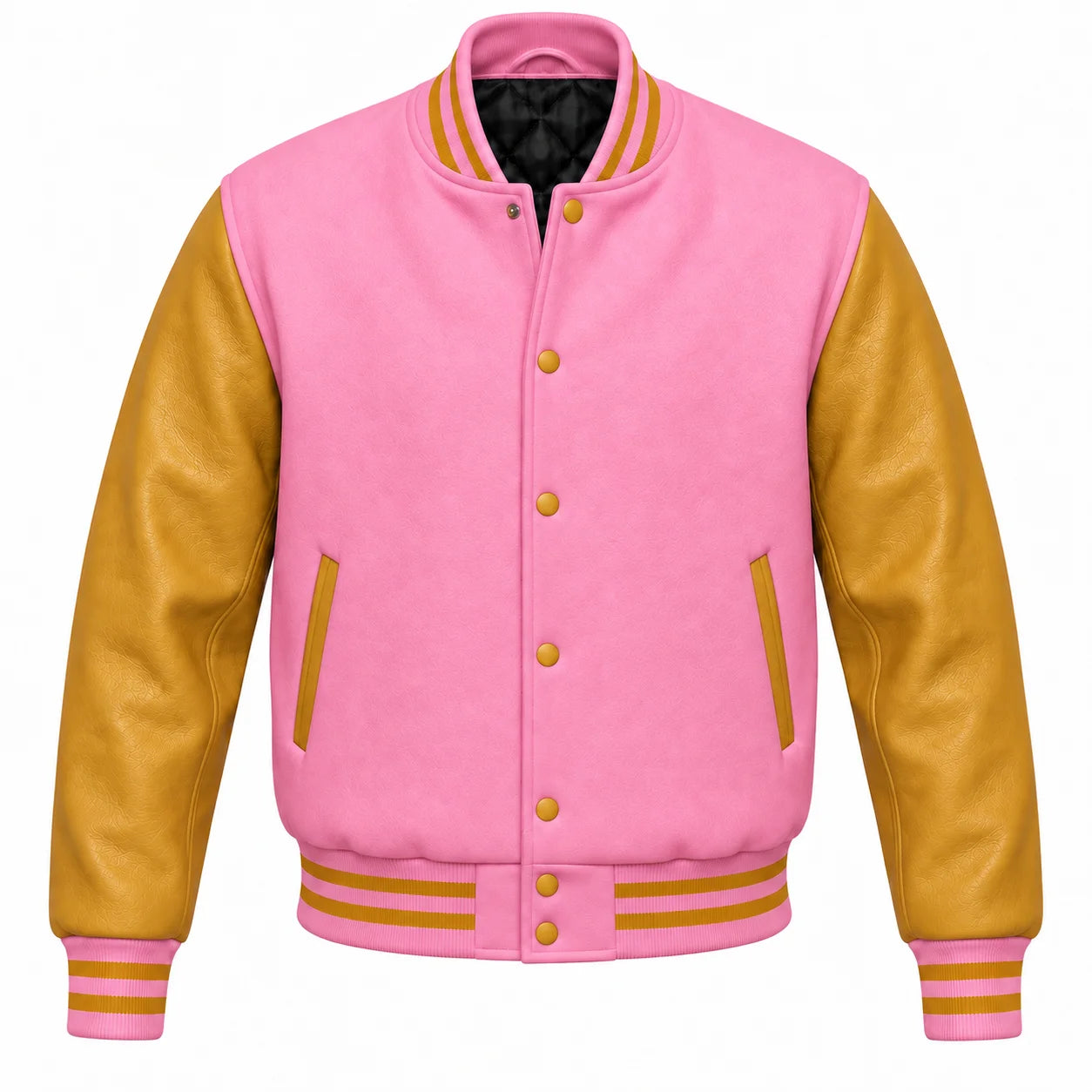 Pink and Gold Varsity Jacket with Wool Body and Leather Sleeves